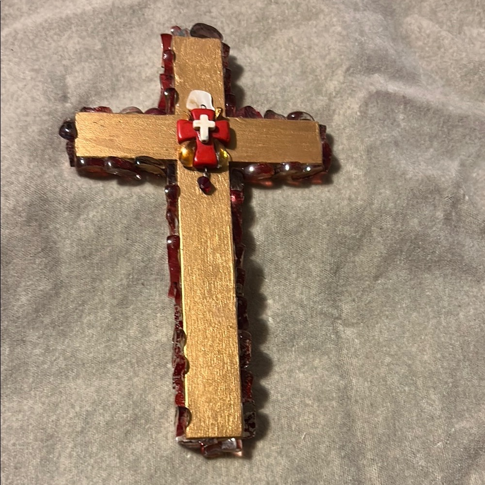 ♻️ Red Glass on Gold Wood Cross♻️